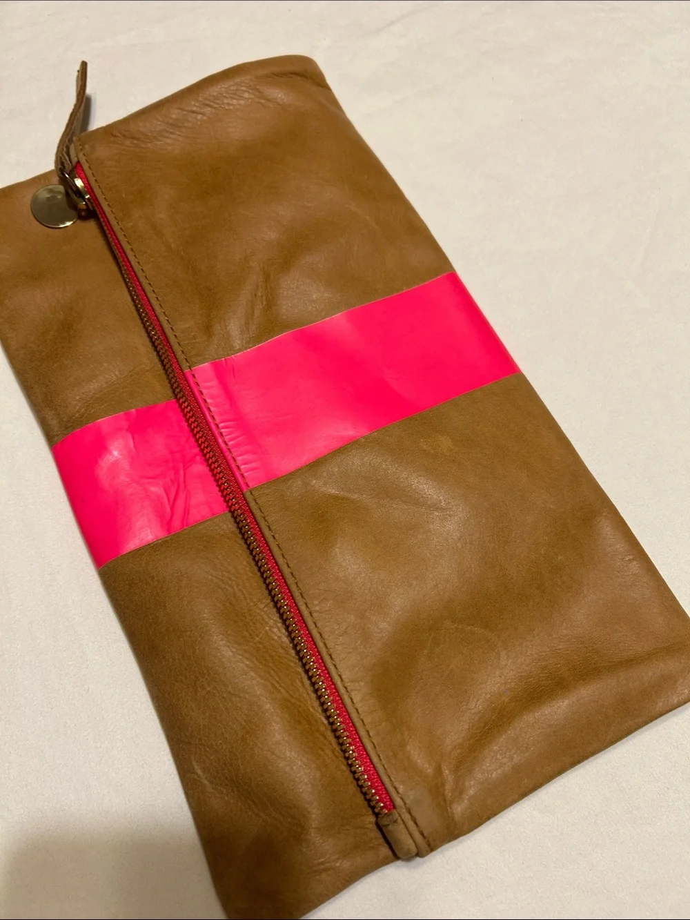 Clare V Brown Leather Fold-Over Clutch with Hot Pink Stripe
